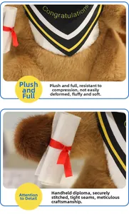 Detail of otter plush toy with graduation cap and diploma featuring gold embroidery