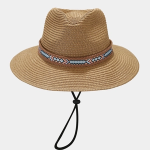 Bohemian straw fedora beach hat with ethnic geometric band and adjustable chin strap