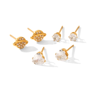 Detailed set of 18k gold plated stud earrings featuring Saturn, heart, and round zircon