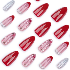 French red candy stripe press-on nails almond shape with silver glitter and berry designs