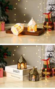 Detail of vintage Christmas lanterns with warm LED lighting and festive character prints