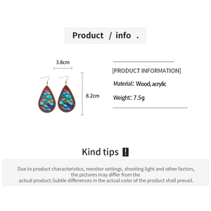 Detail specifications of wood and acrylic teardrop earrings with colorful mosaic patterns