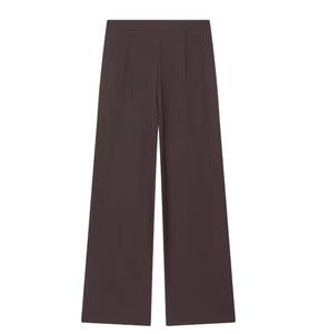 Detail of dark brown high-waisted wide-leg trousers with premium draped suit fabric