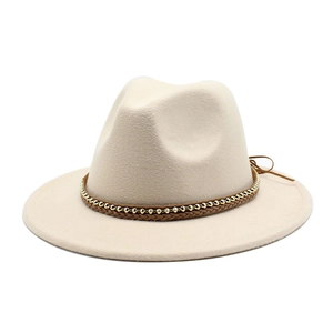 Classic cream wool felt jazz fedora hat with wide flat brim and gold beaded brown band