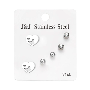 Detail of 3-pair 316L stainless steel stud earring set with heart and crystal designs