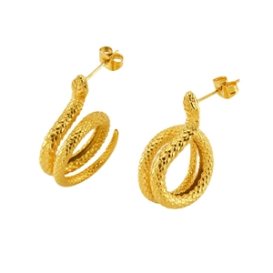 Golden stainless steel snake earrings with detailed scale texture on white background