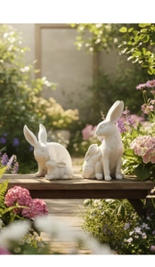 Détail de deux ensembles de lapins en résine blanche sur un banc de jardin fleuri
