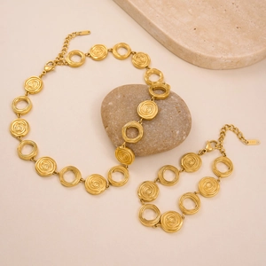 18K gold plated titanium steel necklace and bracelet set with textured circular links