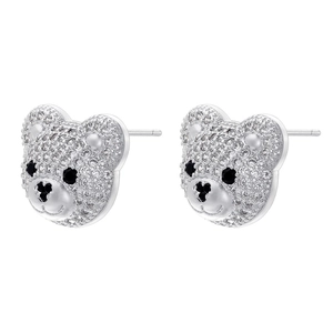 Detail shot of hip-hop teddy bear stud earrings with silver finish and colorful rhinestones