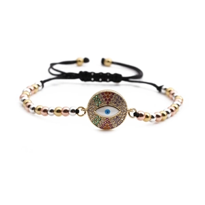 Adjustable evil eye charm bracelet with zircon inlays and tricolor metallic beads