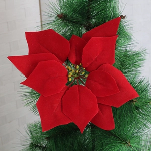 Detailed close-up of a red velvet poinsettia flower with realistic stamen for Christmas decor