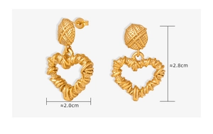 Detailed view of gold-plated hollow heart earrings with dimensions 2.8cm by 2.0cm