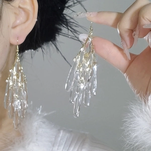 Long acrylic tassel drop earrings for women with clear crystal and silver metal details
