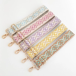 Detail of colorful ethnic jacquard woven purse straps with gold metal hardware