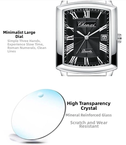 Detail of Chenxi square watch showing mineral glass lens and black roman dial