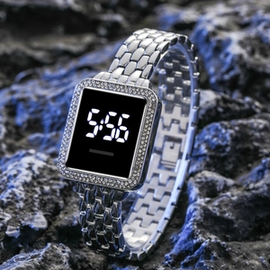 Fashionable women's LED touch screen watch with silver diamond-set square dial and metal band