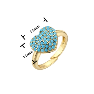 Vue détaillée de la bague cœur dorée 11mm avec zircons bleus et mesure de taille