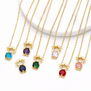 Gold-plated girl pendant necklaces with colorful heart-shaped zirconia in seven vibrant colors