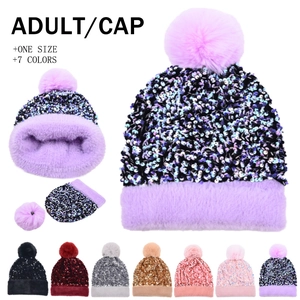 Bonnet Tricot À Paillettes Avec Pompon Fausse Fourrure Bonnet Hiver Chaud Scintillant Acrylique Mode Revers Pelucheux