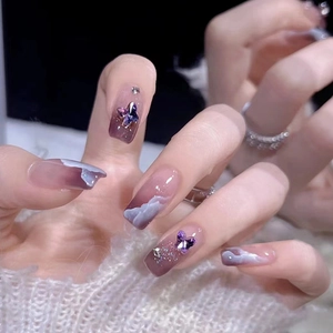 Purple Gradient Press On Nails Long Trapezoid Ballet Shape Butterfly Rhinestone Smudge Laser Glitter Elegant Women