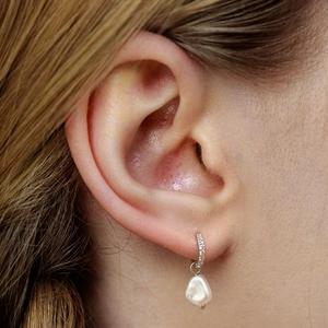 Elegant S925 silver hoop earrings with baroque pearl charms and sparkling cubic zirconia