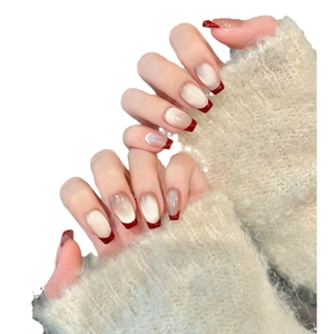 French wine red cat eye press-on nails with long coffin shape and elegant velvet finish