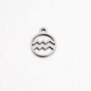Polished silver stainless steel circular Aquarius zodiac charm with hollow wave pattern