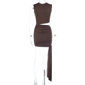Detailed back view of coffee brown sleeveless dress with cut-out waist and draped ribbon