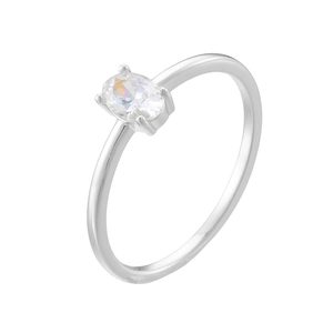 Close-up of oval-cut zircon stone on minimalist sterling silver thin ring band