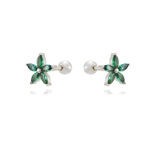 Detail of flower stud earrings with green marquise zircon petals and pearl screw backs