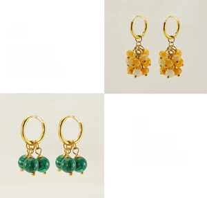 Detailed macro view of 18k gold plated earrings featuring green malachite stone beads