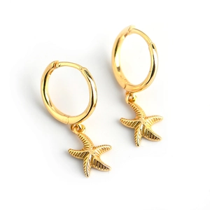Minimalist S925 sterling silver hoop earrings with gold starfish pendants on white base