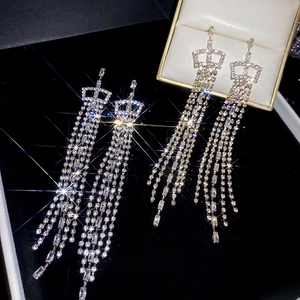 Elegant silver crown square tassel earrings with cubic zirconia for bridal banquets