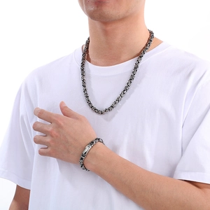 Men's hiphop stainless steel king chain necklace and bracelet set in silver and black finish