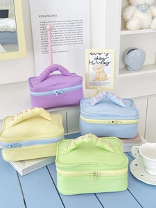 Detail of macaron-colored quilted cosmetic bags with embroidered handles and zippers