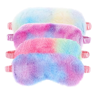 Detail of four colorful tie-dye faux rabbit fur sleep masks with elastic silk straps