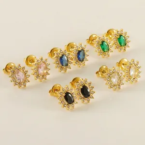 Sunflower Halo Stud Earrings Stainless Steel 18K Gold Plated Oval Zircon Luxury Fashion Elegant Jewelry For Women