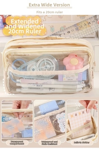 Three-layer clear pencil case with waterproof fabric and 20cm ruler capacity detail