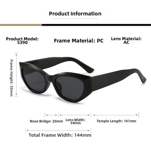 Detailed size specifications and measurements for the vintage wide-leg PC frame sunglasses