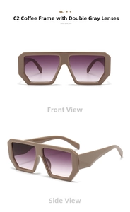 Detail view of coffee square sunglasses with purple gradient lenses from two angles