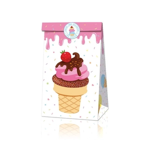 Dettaglio del sacchetto regalo in carta antigrasso con illustrazioni di gelato e fragole