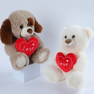 Cute teddy bear and puppy plush toys holding red hearts on a clean white background