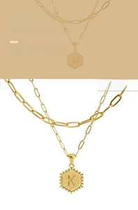 Detail of 18K gold double layer paperclip chain with hexagonal initial letter pendants