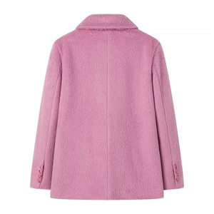 Detail view of pink plush wool coat back showing collar and decorative sleeve buttons