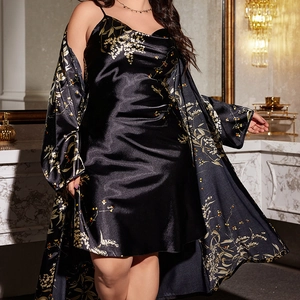 Plus Size Satin Pajama Robe And Nightdress Floral Print Satin Like V Neck Sleepwear For Women Home Wear