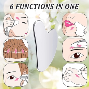 Detail showing 6 functions of heart-shaped stainless steel gua sha tool for face and body