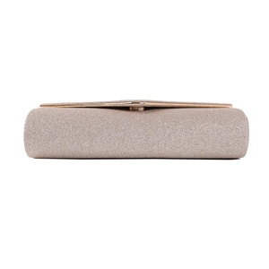 Detailed macro view of sparkling rose gold glitter fabric and metallic top frame on clutch