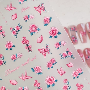 Adesivi per nail art 5D rose rosa stereoscopiche con disegni di farfalle e gru sottili