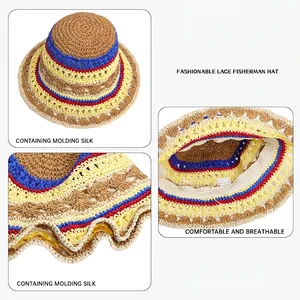 Japanese style hollow knit fisherman hat with colorful stripes and flexible molding silk