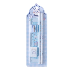 5-piece blue stationery set with cute bear motifs, ruler, pencils, and eraser in studio lighting